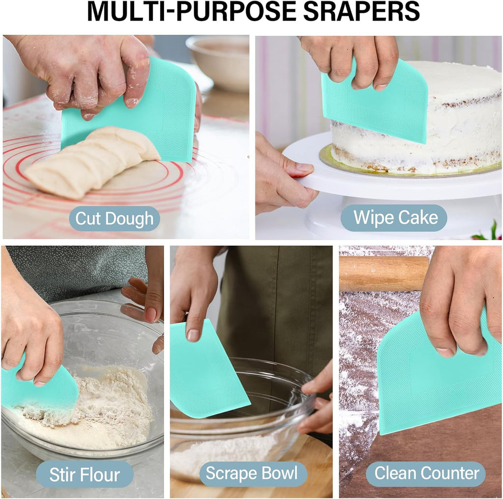 Bench Scraper, Premium Stainless Steel Dough Scraper with 2 PCS Flexible Bowl Scraper, Dough Cutter with Measuring Scale, Versatile Kitchen Scraper Set for Pastry Bread Pizza Cake