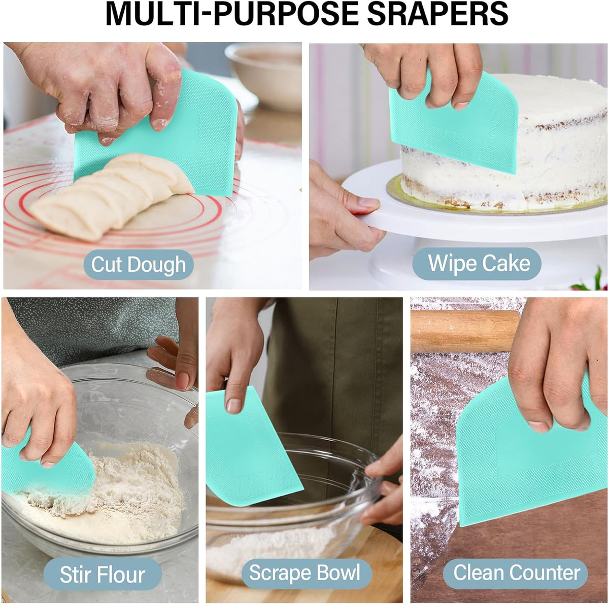 Bench Scraper, Premium Stainless Steel Dough Scraper with 2 PCS Flexible Bowl Scraper, Dough Cutter with Measuring Scale, Versatile Kitchen Scraper Set for Pastry Bread Pizza Cake