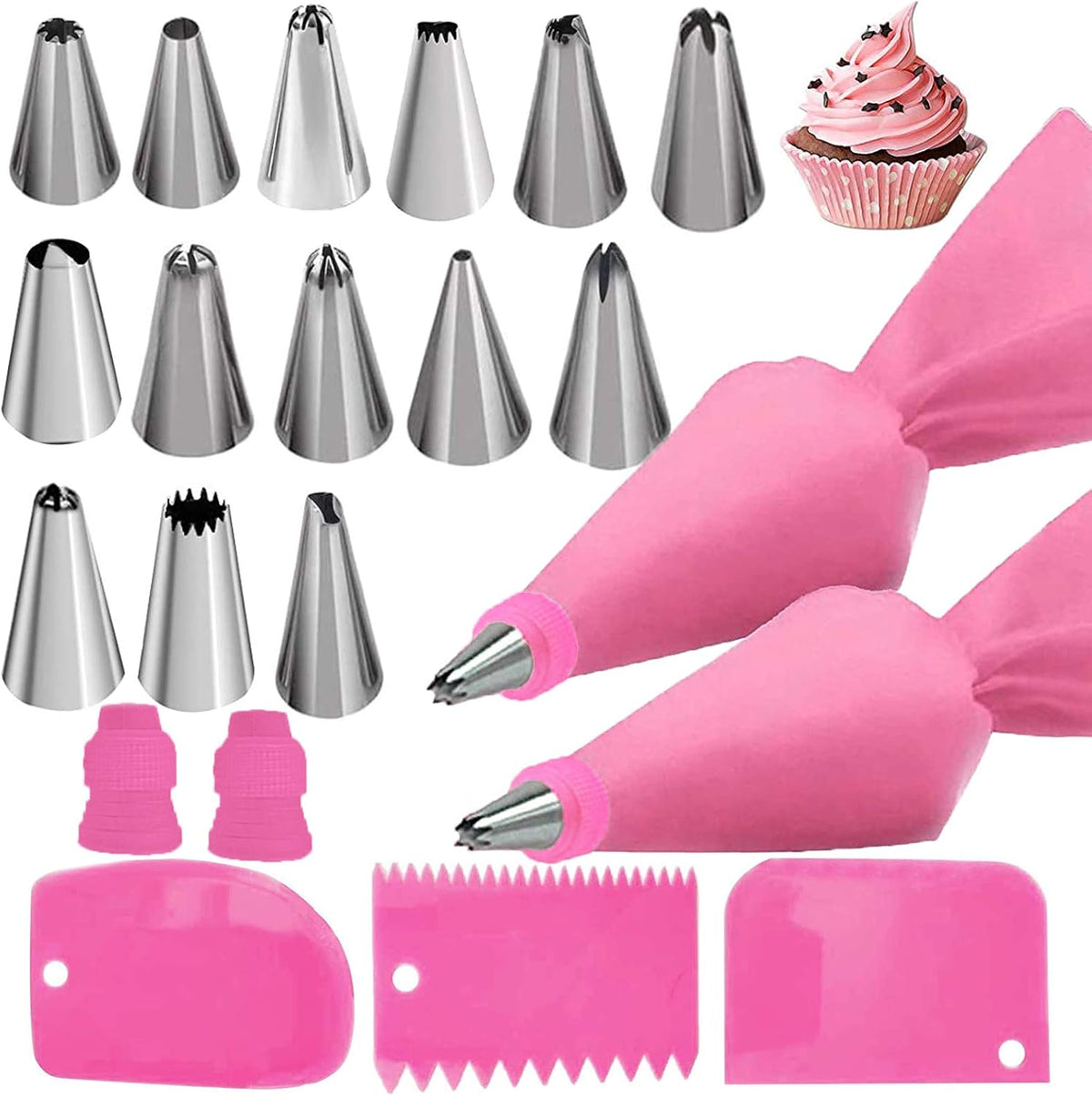 Silicone Icing Piping Bag,Reusable Cream Pastry Bag and 14× Stainless Steel Nozzle Set DIY Cake Decorating Tool(14×Nozzle, 2×Icing Cream Pastry Bag and 2 X Converter and 3×Scraper) [Energy Class A+]