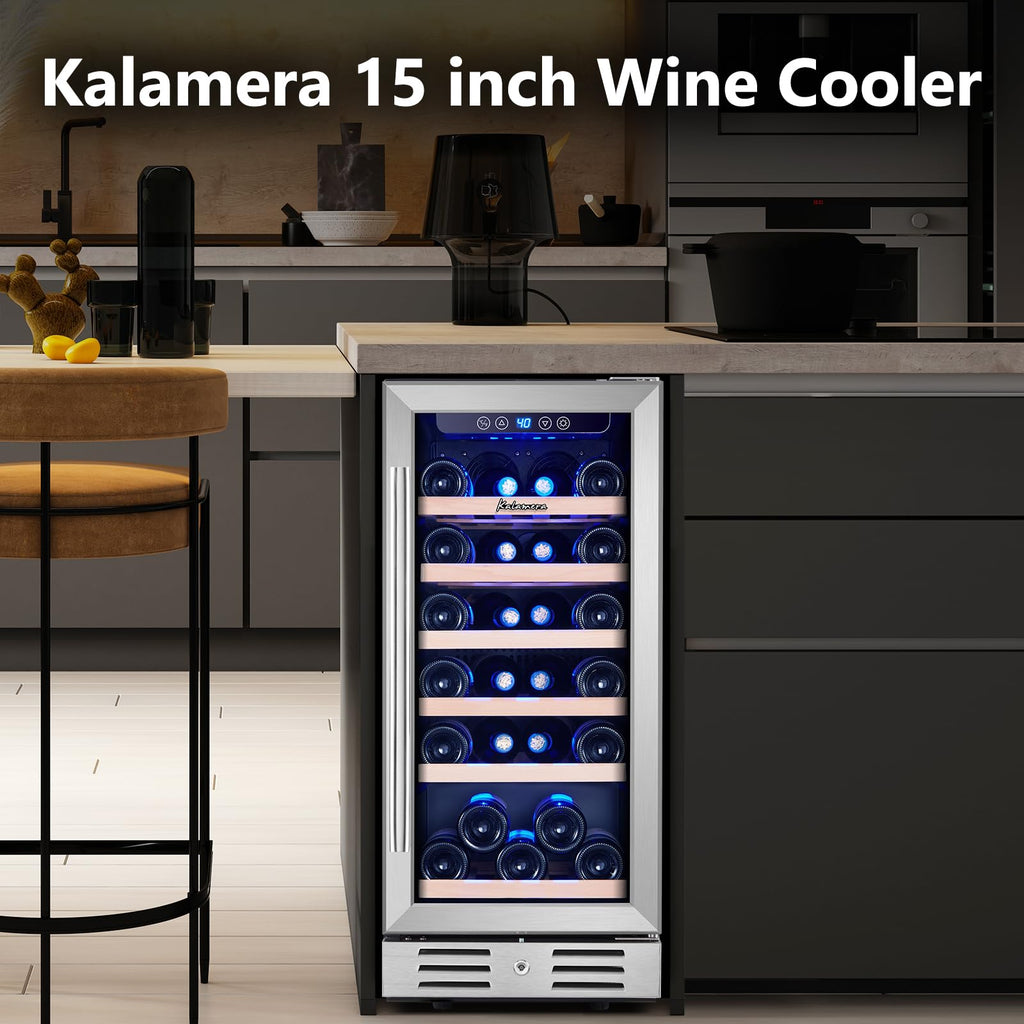 Kalamera Mini Lodówka 15" Chłodziarka do wina - 30 Butelek Wina Lodówka ze Stali Nierdzewnej i Dwuwarstwowe Drzwi z Hartowanego Szkła i Funkcja Zapamiętywania Temperatury Wbudowana lub Wolnostojąca