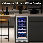 Kalamera Mini Lodówka 15" Chłodziarka do wina - 30 Butelek Wina Lodówka ze Stali Nierdzewnej i Dwuwarstwowe Drzwi z Hartowanego Szkła i Funkcja Zapamiętywania Temperatury Wbudowana lub Wolnostojąca