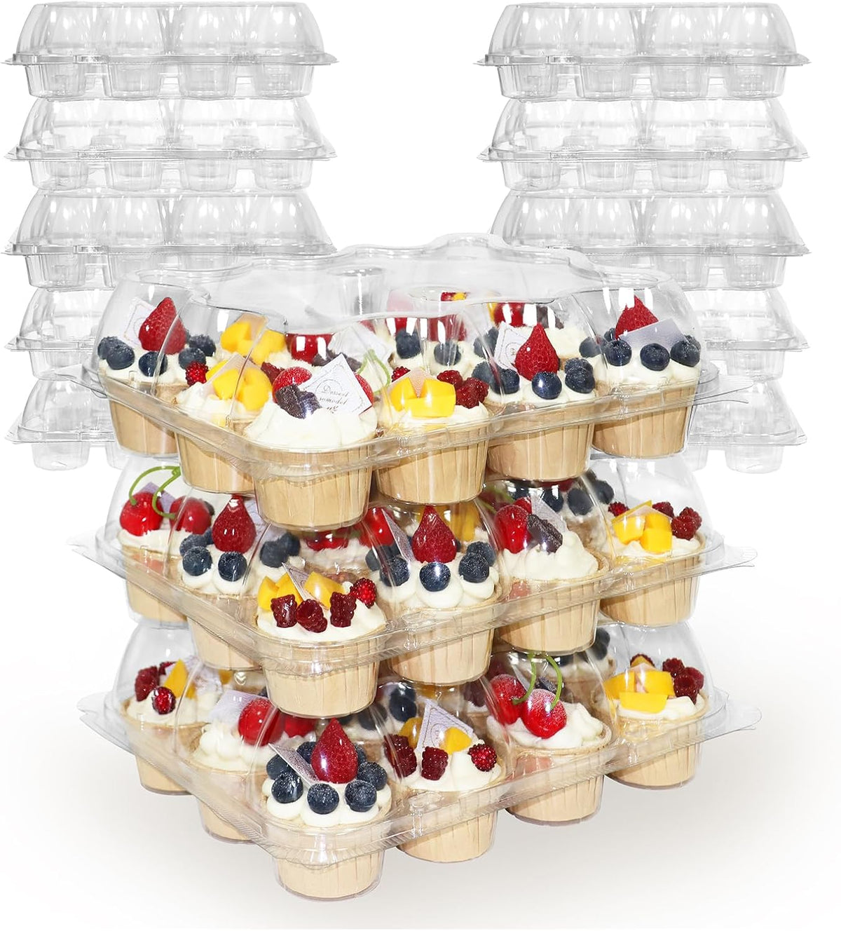 12 Count x 12 Sets Plastic Cupcake Containers, Durable and BPA-Free Cupcake Holder with Lid for Easy Transport Storage, Stackable Clear Cupcake Carriers, Reusable Dessert Boxes
