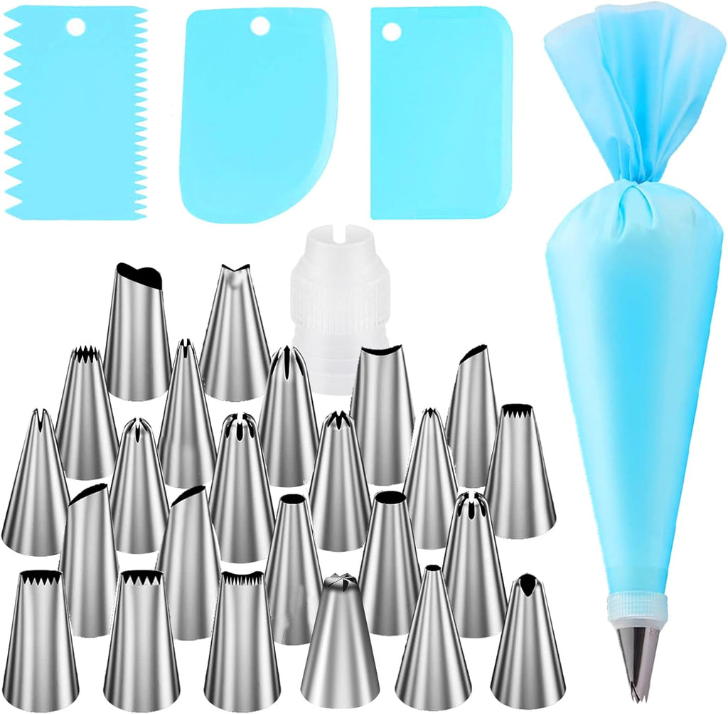FANTEXY Piping Tips Set,29 Pieces Cake Decorating Supplies Kits with 24 Standard Piping Tips, 3 Scrapers,1 Converter,1 Reusable Pastry Bag, Stainless Steel Icing Nozzles for Cakes, Cupcakes, Cookies