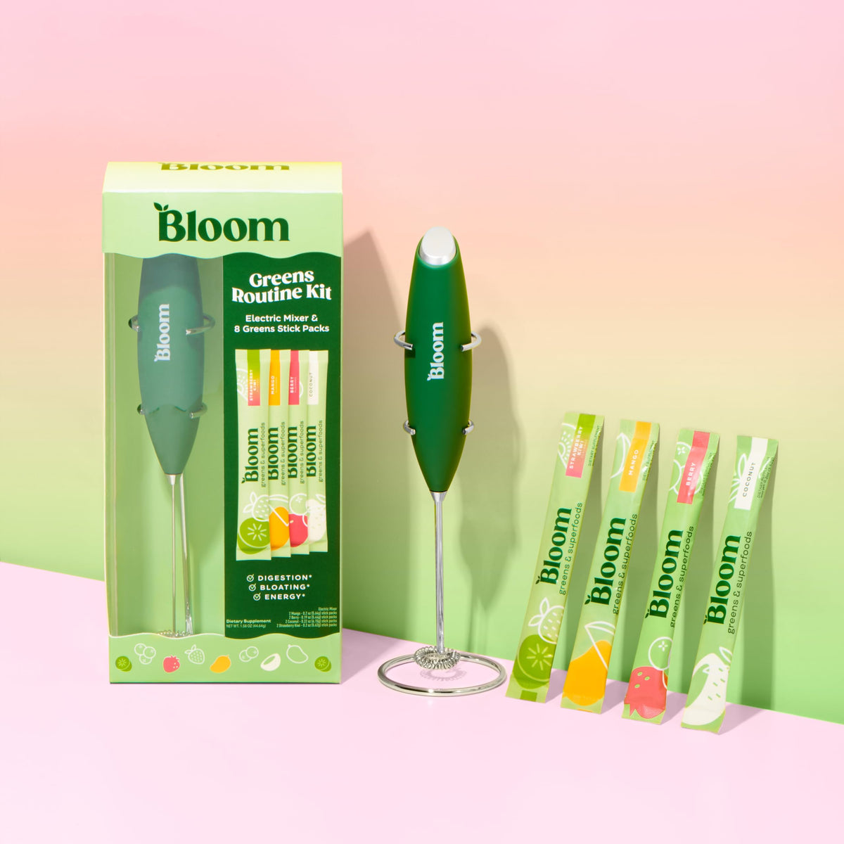 Bloom Nutrition Electric Hand Mixer & 8 Super Greens Powder Stick Packs