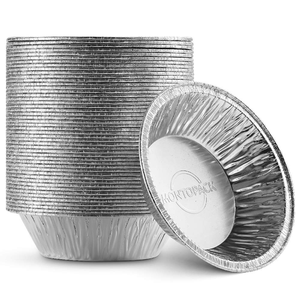 MontoPack 9” Aluminum Foil Pie Pans | Round Disposable Containers with Angled Walls for Tart Baking, Storing, Serving & Reheating | Freezer and Oven Safe, Recyclable | 50-Pack of Cake Tins