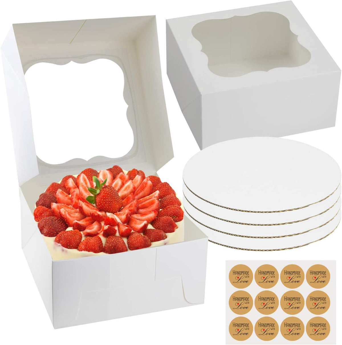 SELMY CAKE BOXES 10 inch Cake Box with Boards and Stickers [12-Pack] Cake Box with Window White Cake Boxes 10x10x5