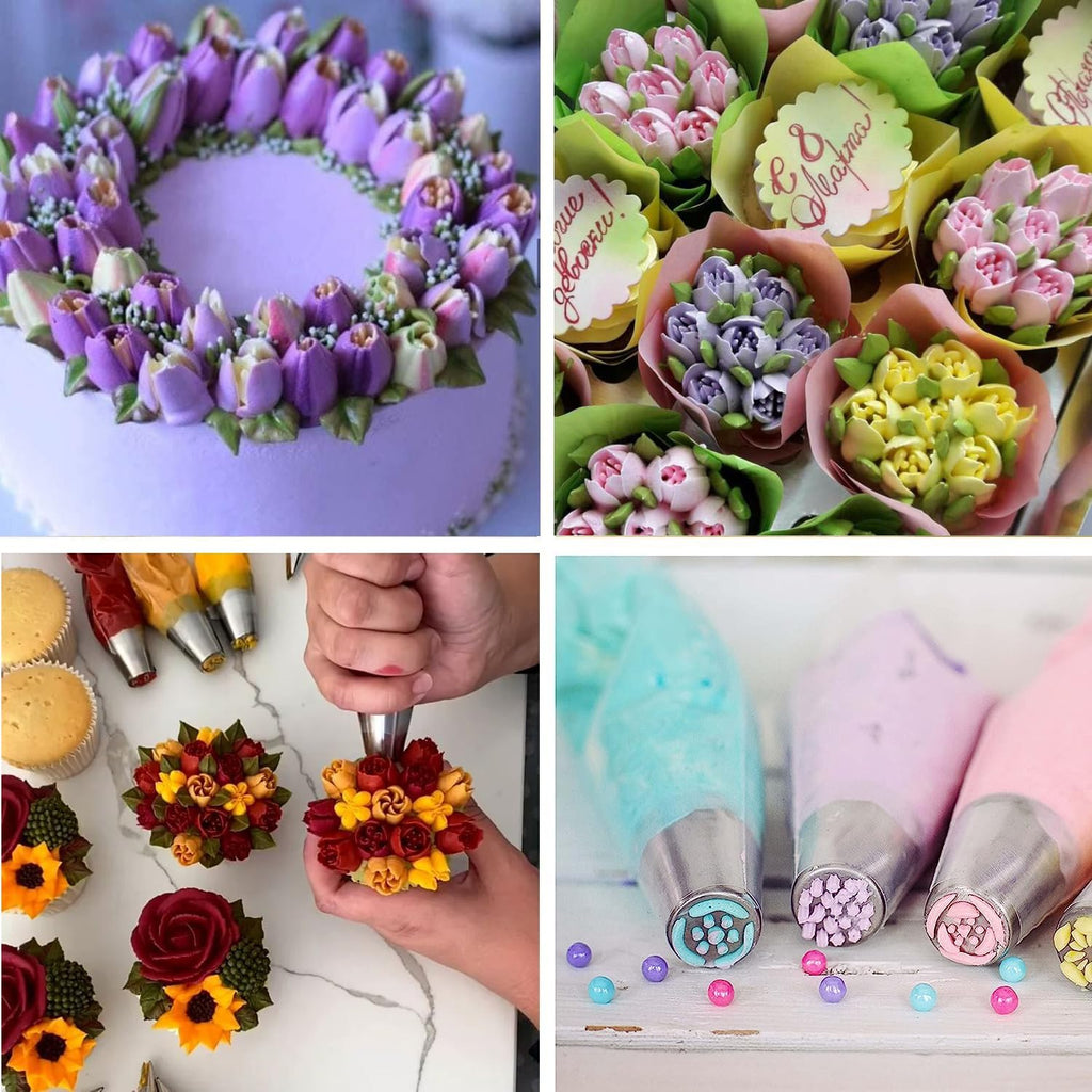 120 PCS Piping Bags and Tips Set 14 In 100 PCS Pastry Bags Cupcake Cookie Cake Decorating Kit 12 Flower Frosting Nozzles 2 Leaf Piping Tips 2 Couplers 2 Icing Bag Ties 1 Tips Brush