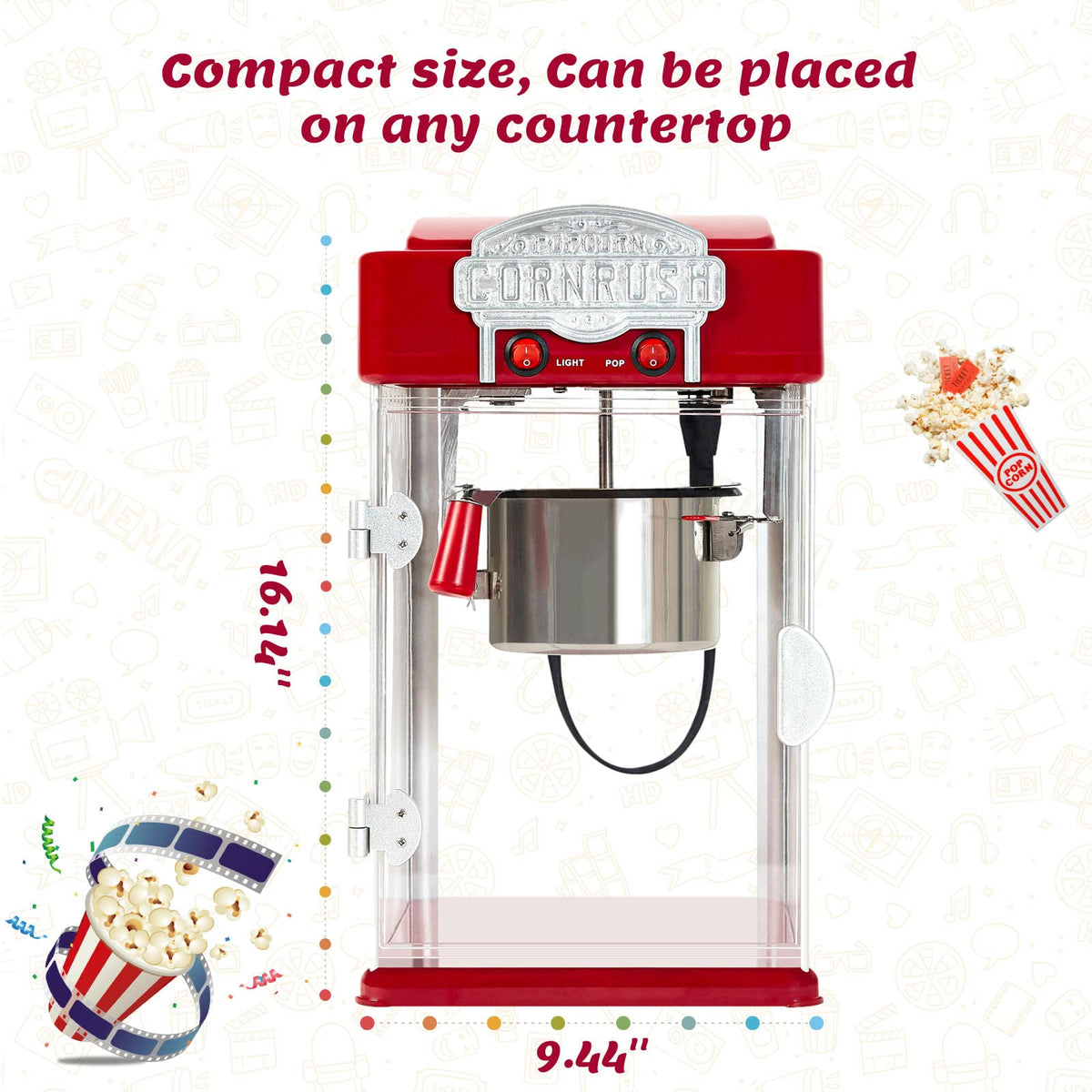 Popcorn Popper Machine-4 OZ Vintage Professional Popcorn Maker Theater Style with Nonstick Kettle Warming Light and Serving Scoop. (Red)