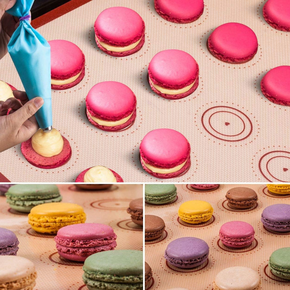 Angadona Macaron Silicone Baking Mats Kit (16pcs set) Macaroon Baking Mat Set of 2 Half Sheet Macaron Silicone Mat Nonstick Macaron Mat Sheet,6 Piping Tip,2 Piping Bag with 3 Bag Tie,2 coupler