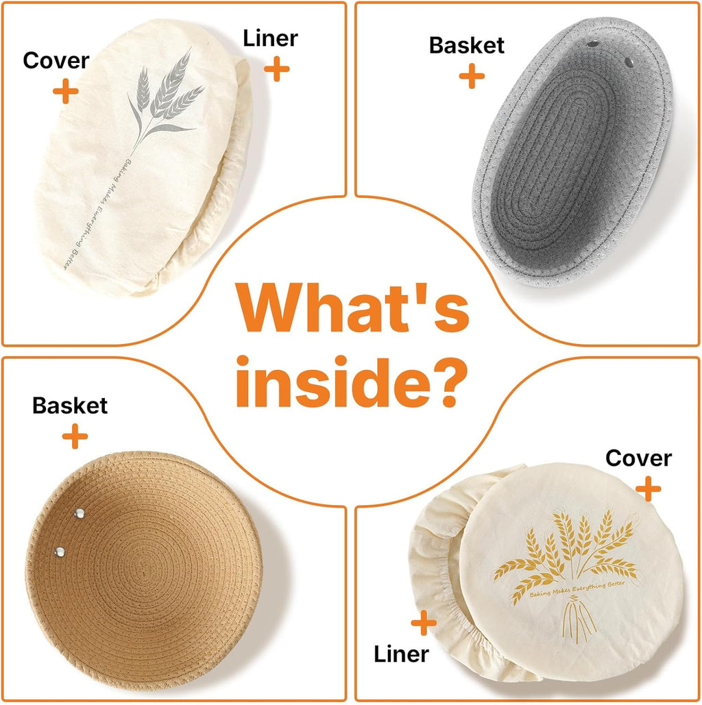 Banneton Bread Proofing Basket Set - Oval & Round Sourdough Proofing Baskets - Sourdough Proofing Bowls Bread Baking Supplies With Liner & Cloth Cover - Cotton Rope Banneton Basket for Baking