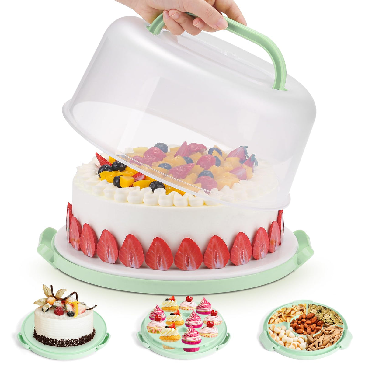 Cake Carrier with Lid and Handle, Multipurpose Cake Stand Fits 10 inch Cake, Cupcake Containers for 11 Cupcakes，Cake Holder Serves as Five Section Serving Tray, Portable Cake Carriers, White
