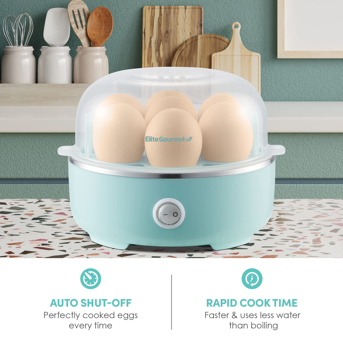 Електрична яєчня Elite Gourmet EGC115M Easy Egg Cooker, місткість 7 яєць, варка яєць на м'яких, середніх та круто з автоматичним вимкненням, мірна чашка в комплекті, без BPA, ретро-м'ятний колір