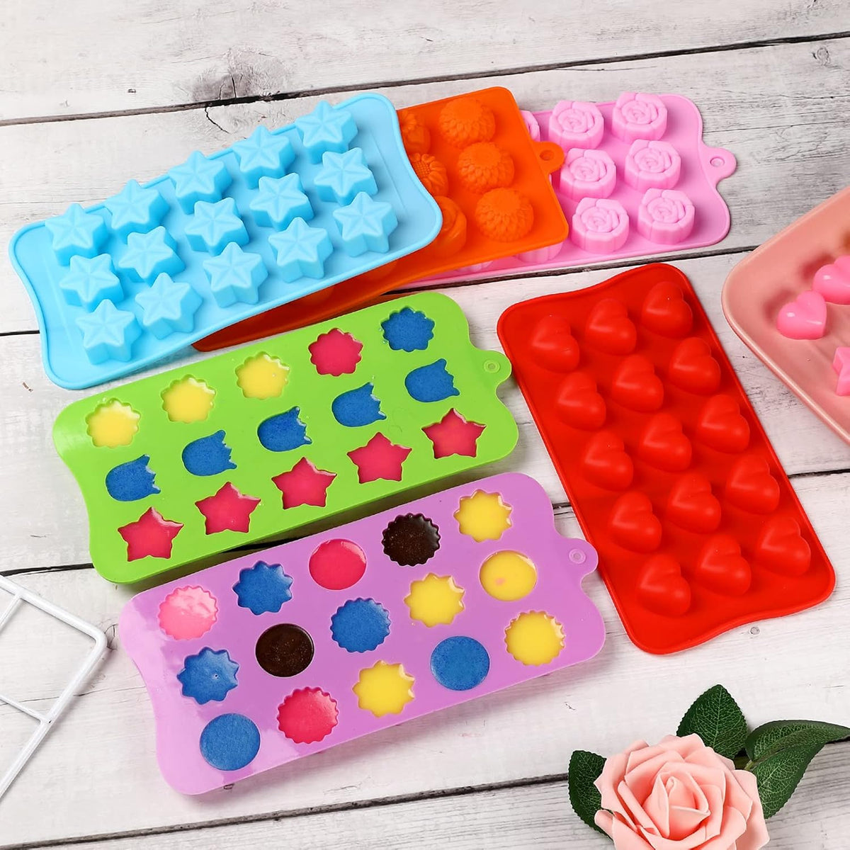 Flower Shape Chocolate Candy Molds Set,Heart,The stars,The rose,Flowers in Combination,15 Cavity Silicone Baking Mold Ice Cube Tray-Wedding,Festival,Parties and DIY Crafts-(6Pcs)