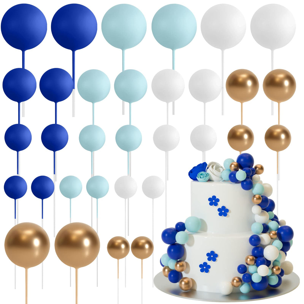 ASTARON 32 Pcs Ball Cake Topper Decorations Mini Balloons Cake Topper Sticks Foam Balls Cake Picks Cake Topper Balls Cake Decorations for Wedding Party Birthday Cake Decorating (Green Brown Gold)