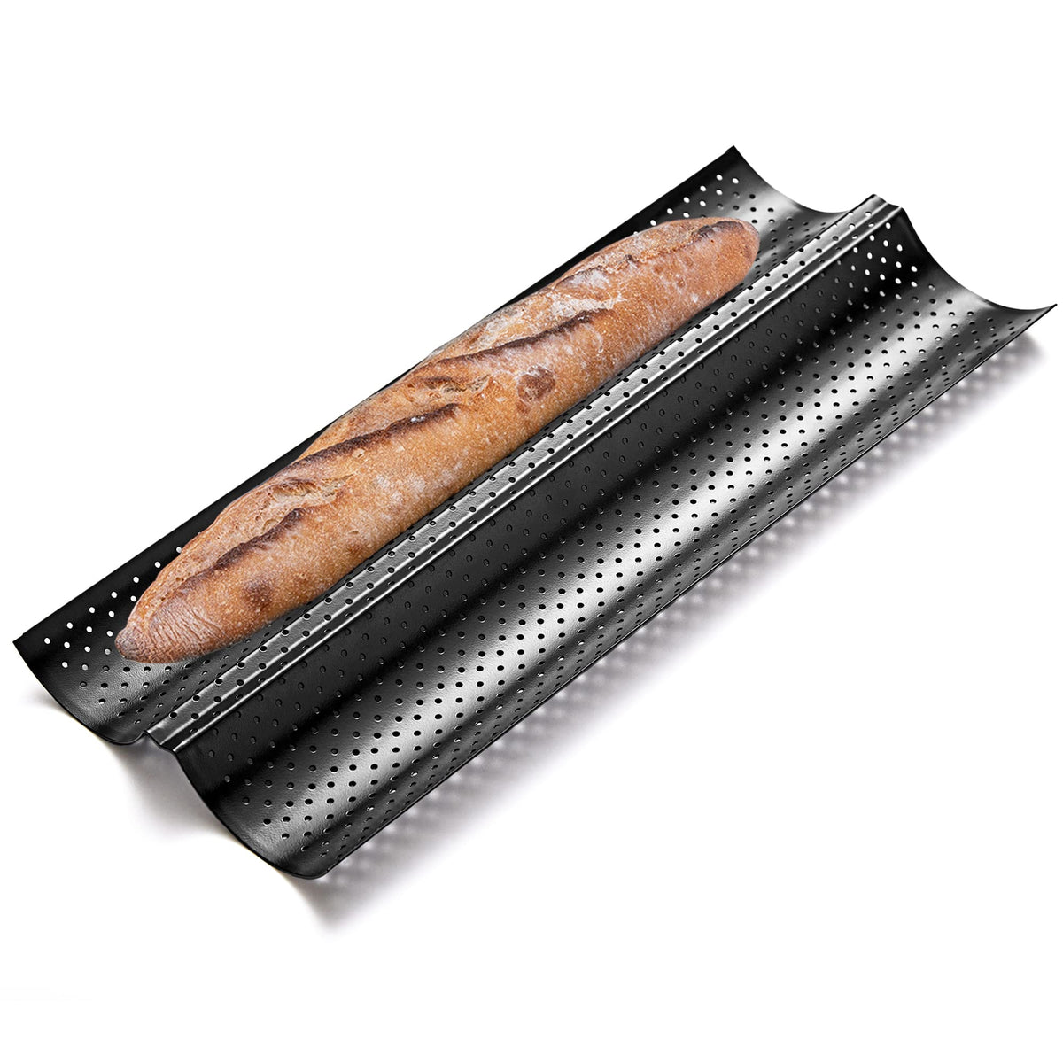 KITESSENSU Nonstick Baguette Pans for French Bread Baking, Perforated 4 Loaves Baguettes Bakery Tray, 15" x 13", Silver