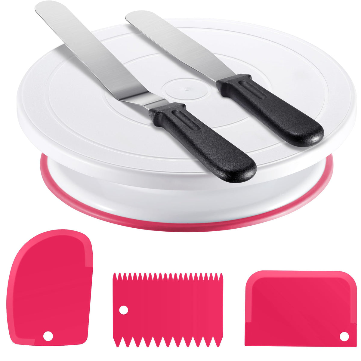 Kootek Cake Decorating Kit Baking Supplies Cake Turntable with 2 Frosting Straight Angled Spatula 3 Icing Smoother Scrapers Baking Accessories Tools for Beginners and Pros, White