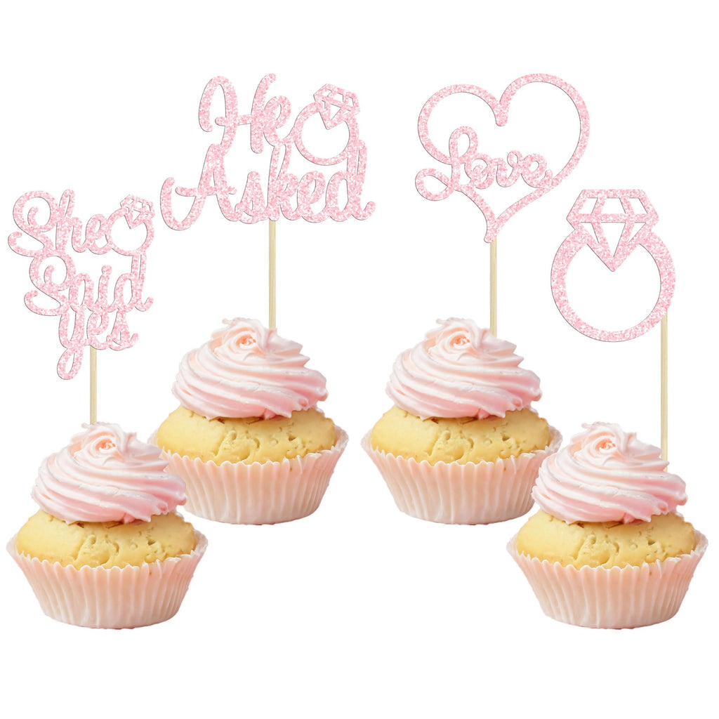 Gyufise He Asked She Said Yes Cupcake Toppers Gold Glitter Diamond Ring Heart Love Cake Picks for Wedding Engagement Party Cake Decorations 24 Pack