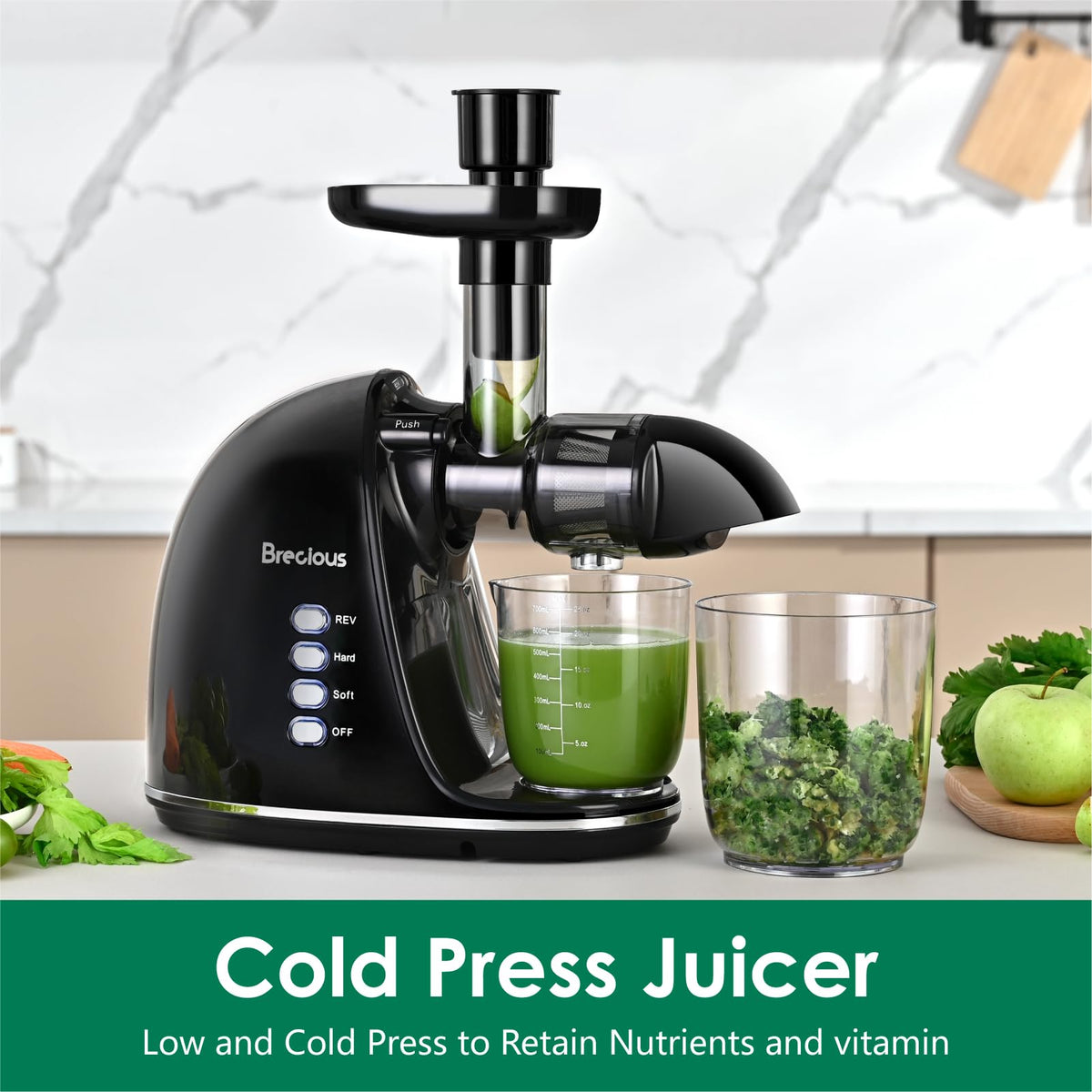 Wyciskarka wolnoobrotowa, wyciskarka Brecious Cold Press z 2 trybami prędkości i cichym silnikiem, wyciskarki do warzyw i owoców z funkcją cofania, wyciskarka do selera, bez BPA, łatwa do czyszczenia (czarna)