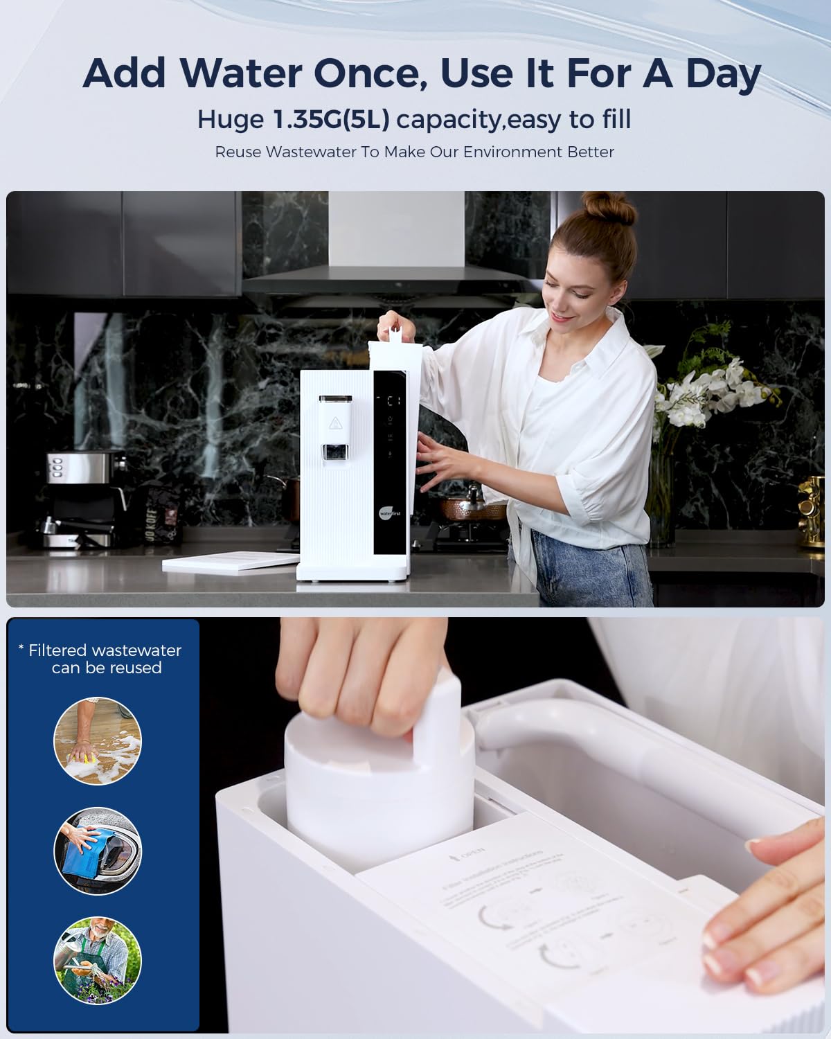 WaterFirst Reverse Osmosis Water Filter Countertop, RO Filtration System with 3S Hot, NSF/ANSI 58, SGS, EPA, 5 Stage Purifier for Family, Office, No Installation,Reduce PFAS(Dr.Water)