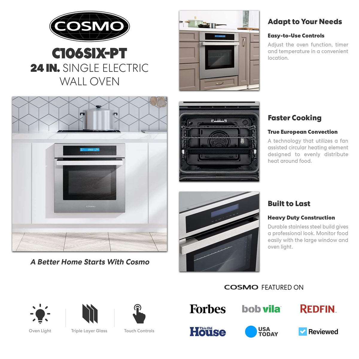 COSMO COS-C106SIX-PT 24 in. Single Wall Electric Convection Oven