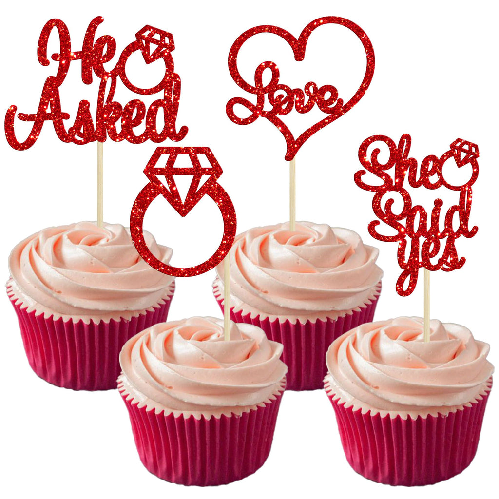 Gyufise He Asked She Said Yes Cupcake Toppers Gold Glitter Diamond Ring Heart Love Cake Picks for Wedding Engagement Party Cake Decorations 24 Pack