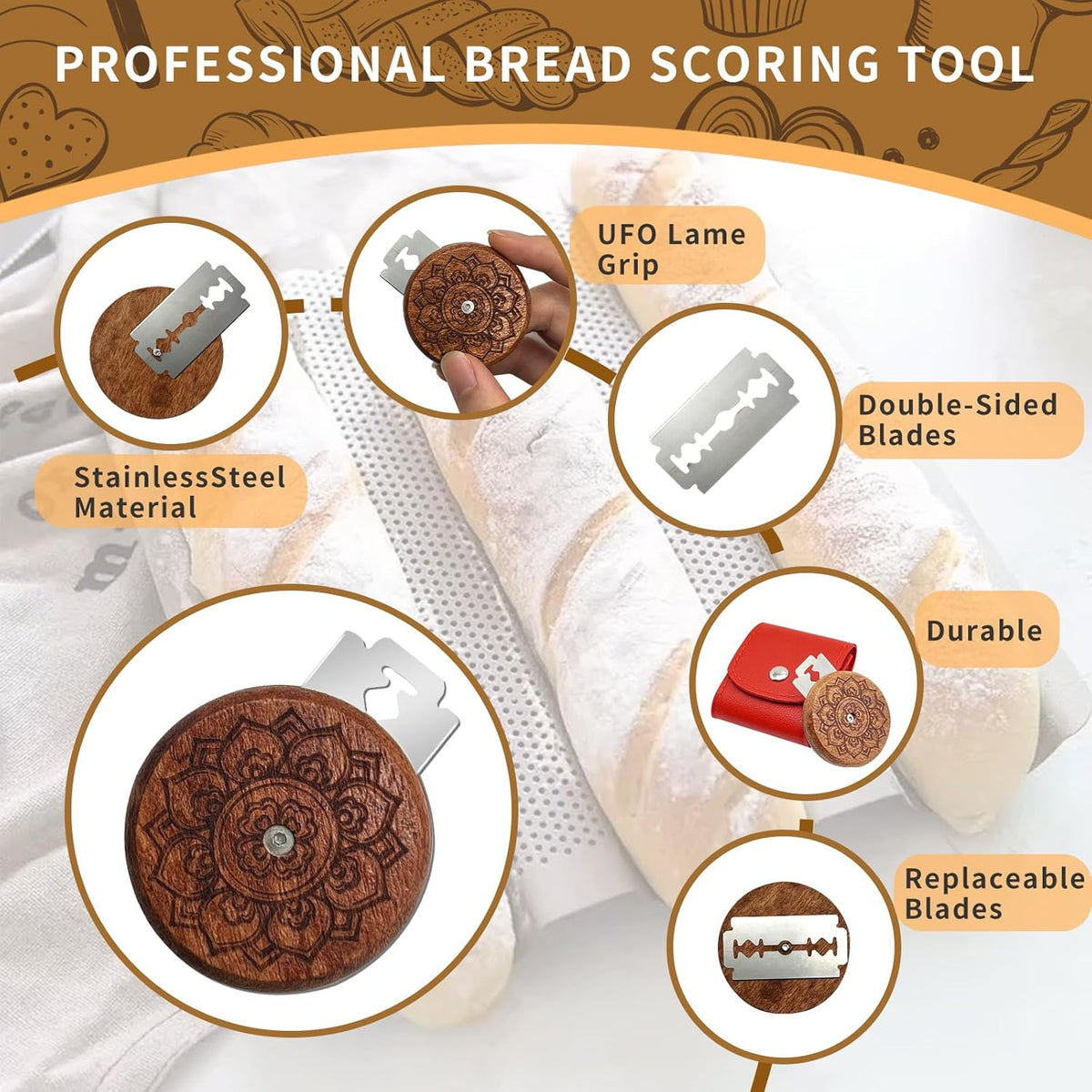 UFO Wooden Bread Lame Slashing Tool, Dough Scoring Knife with 5 Razor Blades and Storage Cover,Sourdough Bread Scoring Tool for Homemade (Lotus patterns)