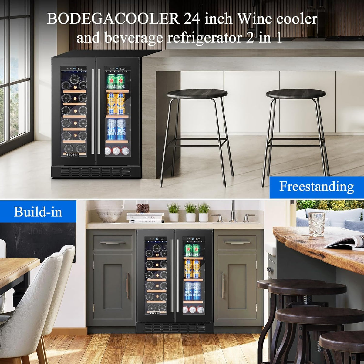 BODEGACOOLER 24-calowa lodówka na wino i napoje, 2-drzwiowa komercyjna chłodziarka do tylnego baru, dwustrefowa chłodziarka do wina, tylna lodówka do baru, na imprezę, mieszcząca 20 butelek i 57 puszek, oświetlenie LED, czarna.