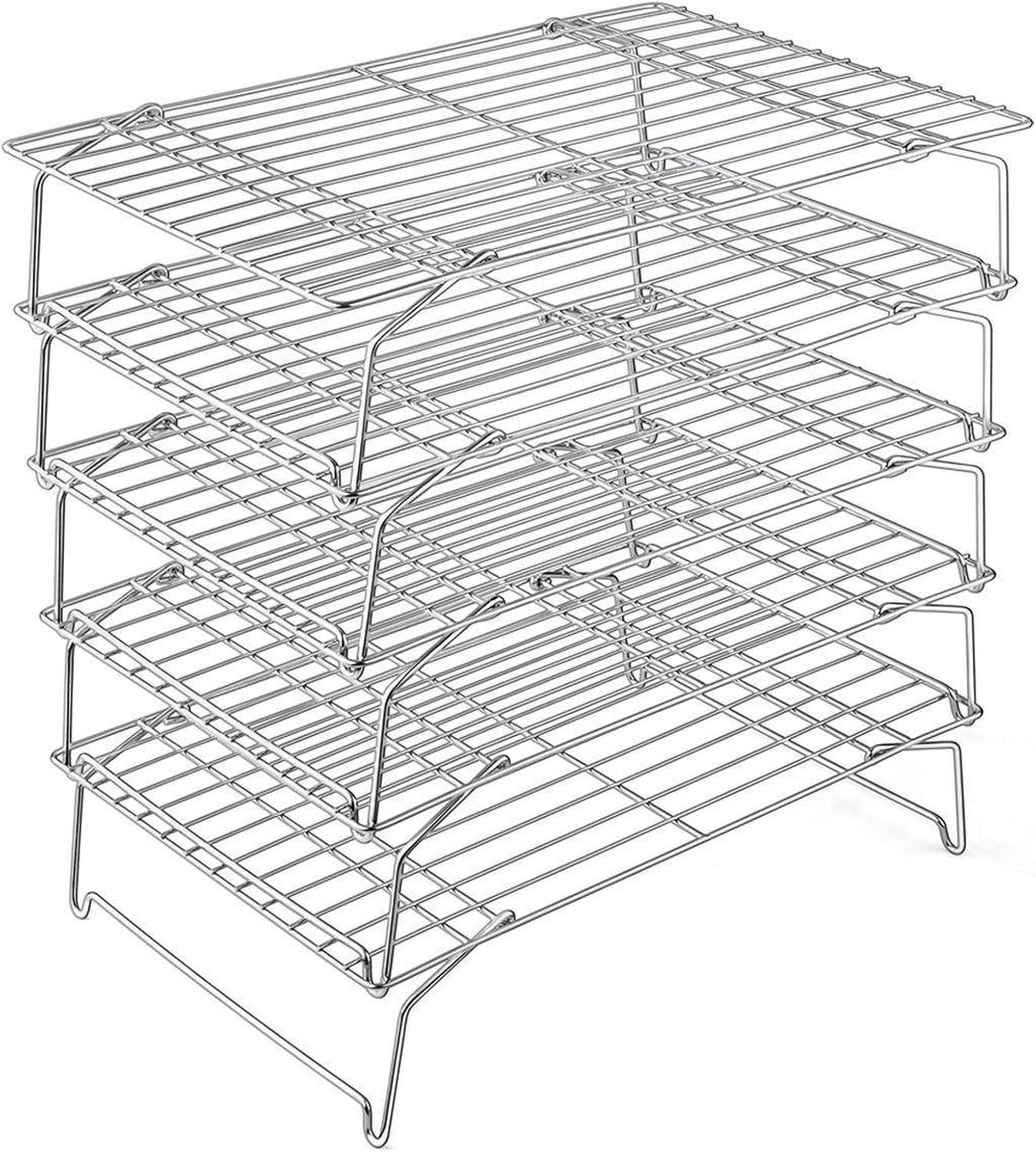 P&P CHEF Cooling Rack, 5-Tier Stainless Steel Stackable Baking Cooking Racks for Cooling Roasting Grilling, Collapsible & Heavy Duty, Oven Safe & Easy Clean, 15" x 10", Silver