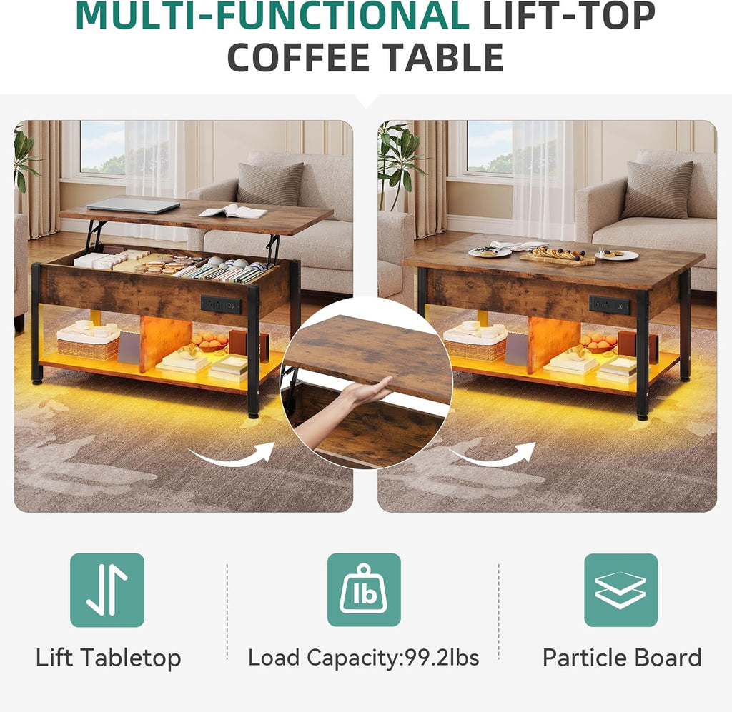 YITAHOME Lift Top Coffee Table with RGB Light, 3-in-1 Coffee Table with Power Outlets, Hidden & Open Storage, Adjustable Height, Wooden Dining Table for Living Room, Home Office, Brown