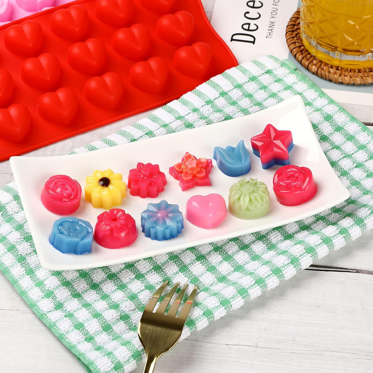 Flower Shape Chocolate Candy Molds Set,Heart,The stars,The rose,Flowers in Combination,15 Cavity Silicone Baking Mold Ice Cube Tray-Wedding,Festival,Parties and DIY Crafts-(6Pcs)
