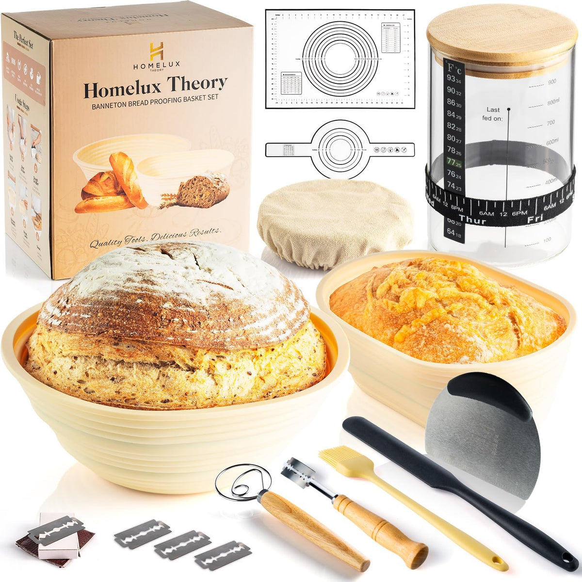 Sourdough Starter Kit, Silicone Banneton Bread Proofing Basket Set, Sourdough Bread Baking Supplies, Bread Making Kit for Sourdough Proofing with Bread Baking Bowl for Artisan Breads (Yellow)