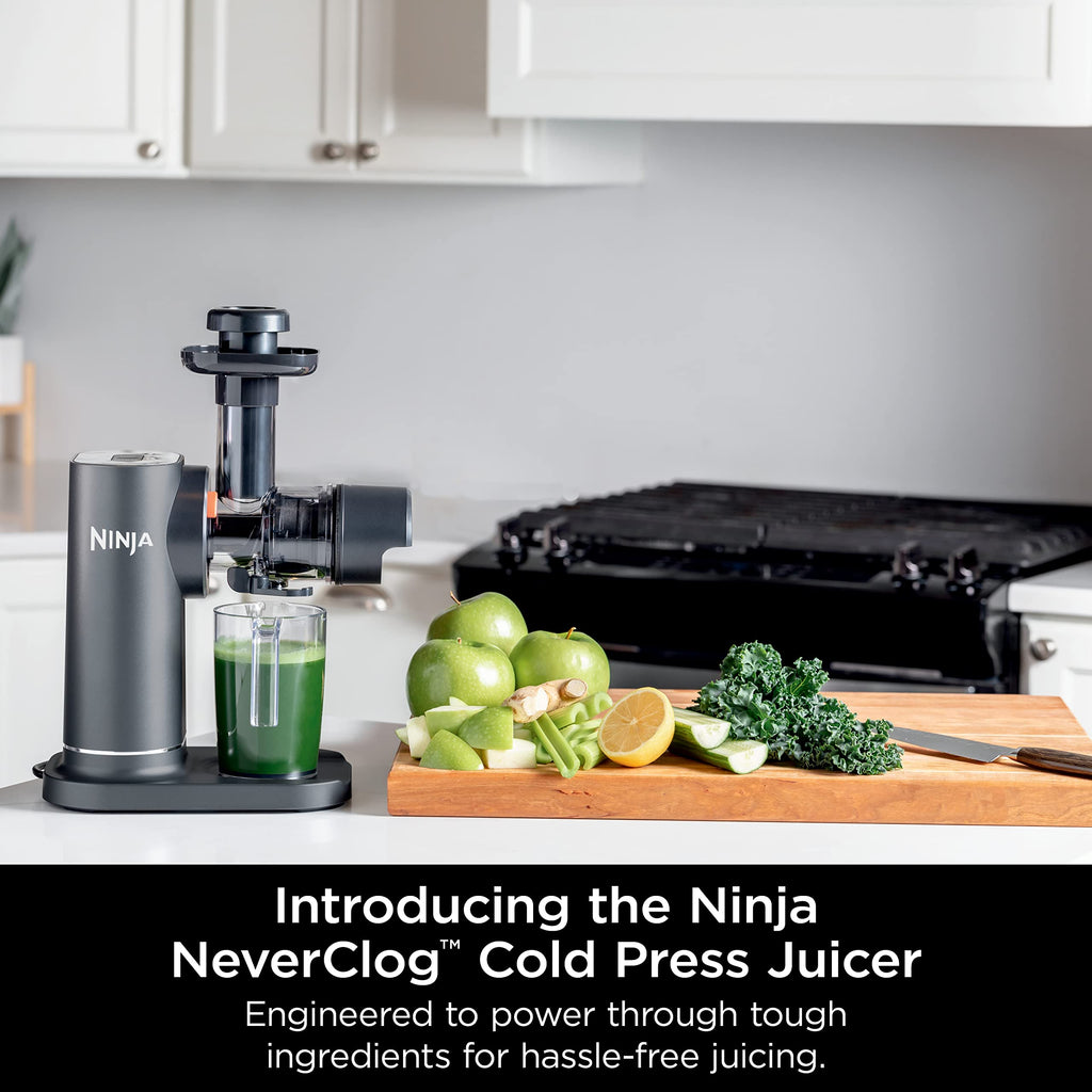 Wyciskarka do soku Ninja JC151 NeverClog Cold Press, wydajna wolnoobrotowa wyciskarka z całkowitą kontrolą miąższu, blatowa, elektryczna, 2 funkcje miąższu, można myć w zmywarce, 2. generacja, węglowa