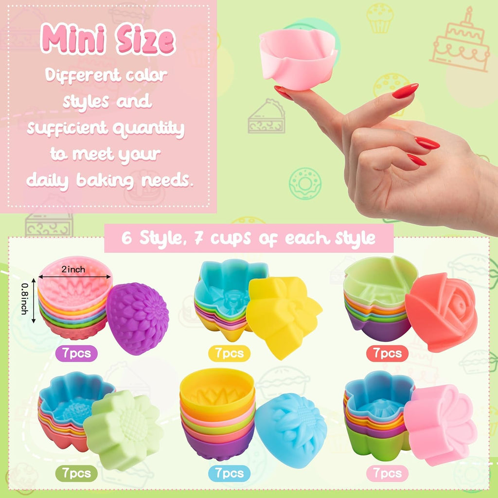 R HORSE 42Pcs Mini Size Silicone Molds, 2 x 0.8 inch Cupcake Multi Flower Shapes Baking Cups Non-Stick Donut Wrapper Mold Muffin Liners Washable for Pan Oven Microwave Dishwasher
