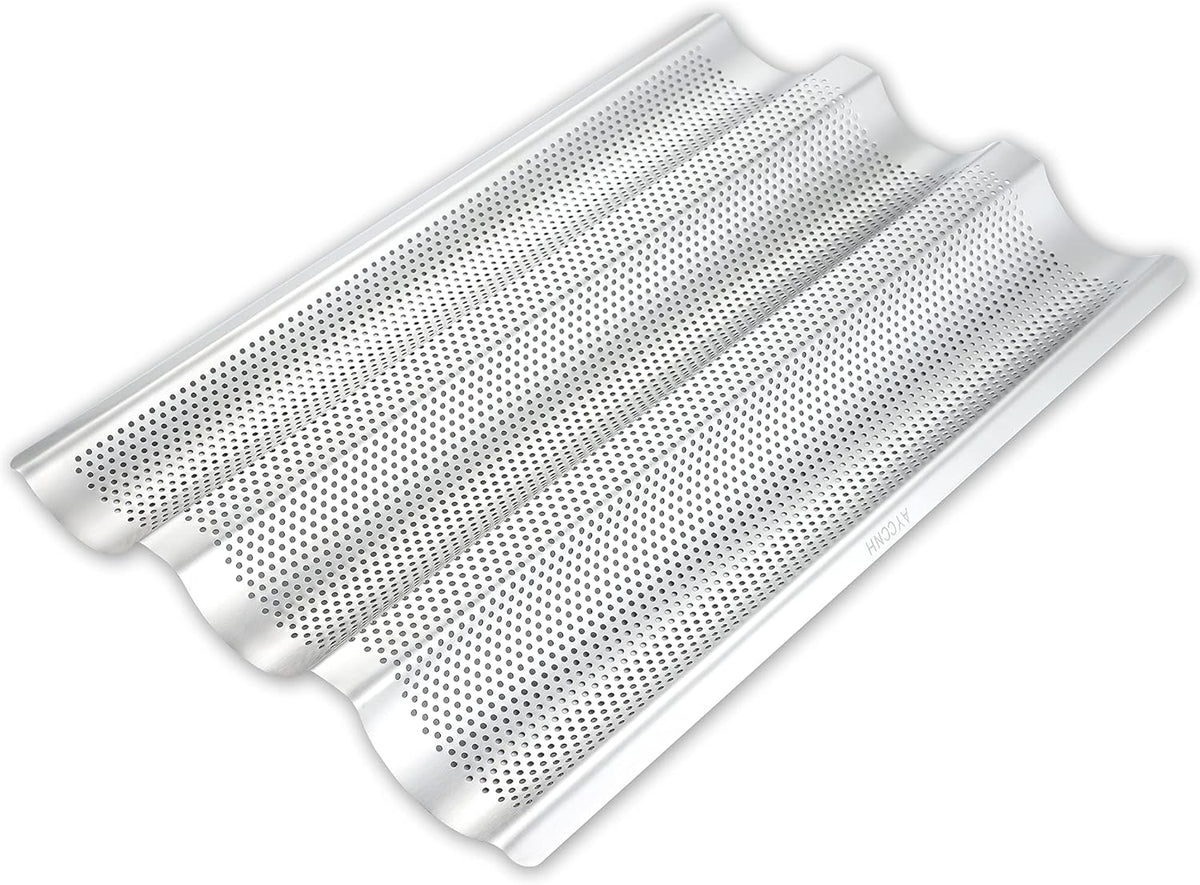 Stainless Steel French Baguette Bread Pan, Perforated Loaf Pans for Baking 15"x10", 3 Waves Toaster Oven Baking Tray (1 Pack)