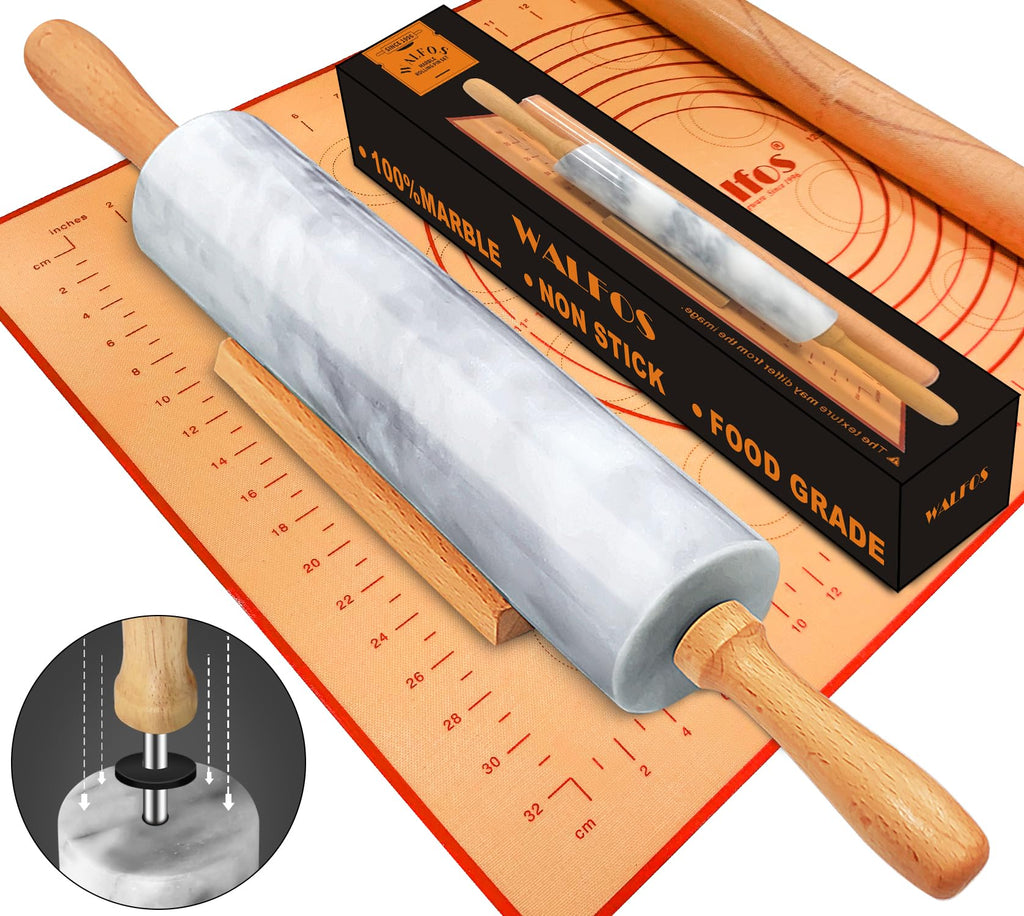 Walfos Marble Rolling Pin With Wooden Handles & Wood Cradle, 16.5 Inch Marble Rolling Pins For Making Pizza Dough And Tortillas, Dough Roller For Pie Crust, Cookie, Pasta (Gray & White)