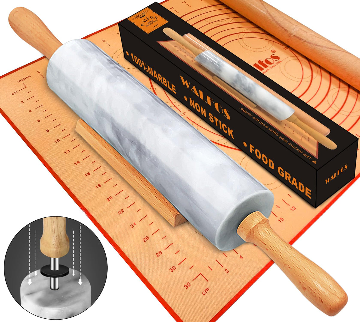 Walfos Marble Rolling Pin With Wooden Handles & Wood Cradle, 16.5 Inch Marble Rolling Pins For Making Pizza Dough And Tortillas, Dough Roller For Pie Crust, Cookie, Pasta (Gray & White)