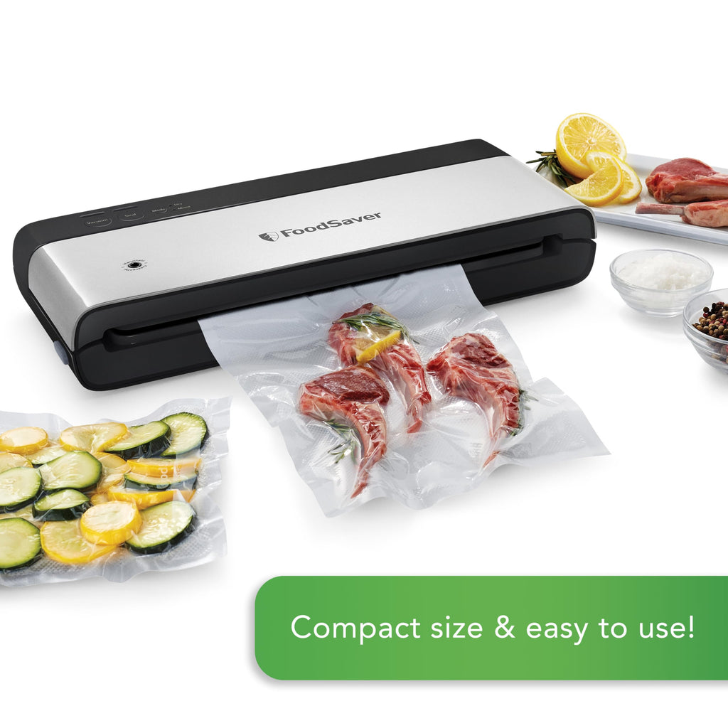 FoodSaver PowerVac Compact Vacuum Sealing Machine, Stainless Steel & Black, Vertical Storage, VS0150 | Preserves freshness, reduces bag waste, for both dry and wet food