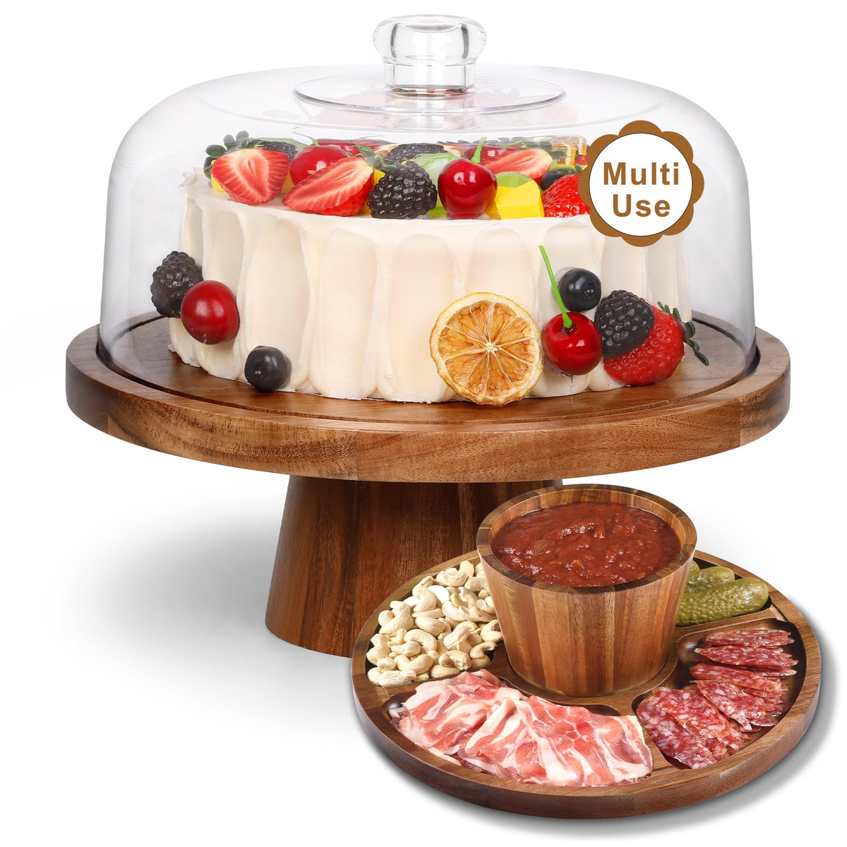 Bellsal Cake Stand with Dome Lid, 12in Acacia Wood Cake Plate with Cover, Wooden Cake Display Stand with Acrylic Dome, Cake Decorating for Baking Gifts, Birthday Kitchen Party, Weddings