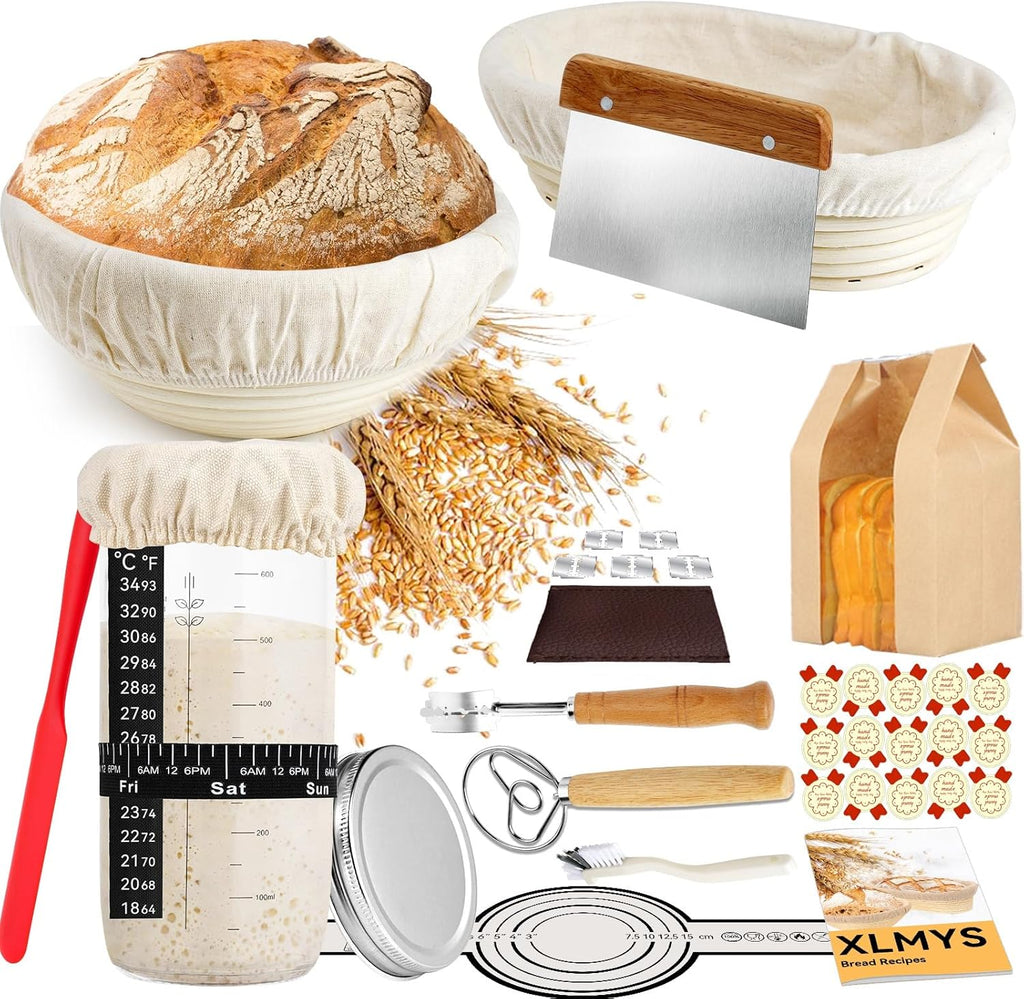 Sourdough Starter Kit - Banneton Proofing Basket 9 Inch Round & 10 Oval, 26 PCS Baking Supplies With Starter Jar, Bread Sling, Lame, Danish Dough Whisk, Bags