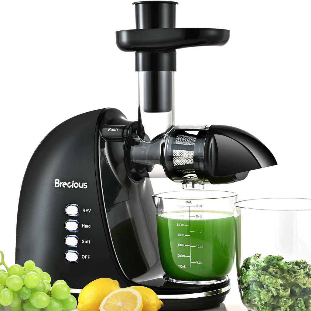 Wyciskarka wolnoobrotowa, wyciskarka Brecious Cold Press z 2 trybami prędkości i cichym silnikiem, wyciskarki do warzyw i owoców z funkcją cofania, wyciskarka do selera, bez BPA, łatwa do czyszczenia (czarna)
