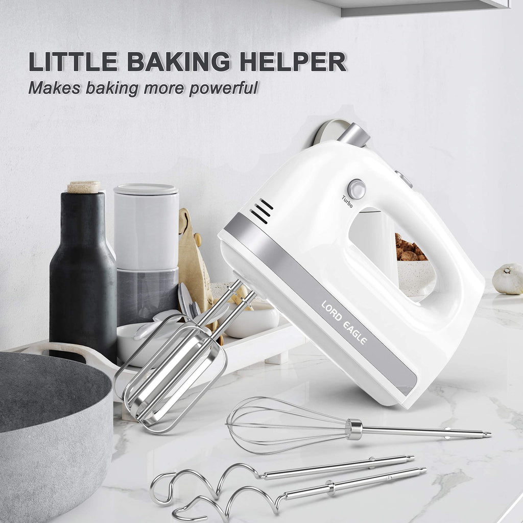 Lord Eagle Hand Mixer Electric 400W, 5 Speed handheld Mixer, 5 Stainless Steel Accessories for Baking Cake Egg Cream Food Beater, Turbo Boost/Self-Control Speed + Eject Button (White)
