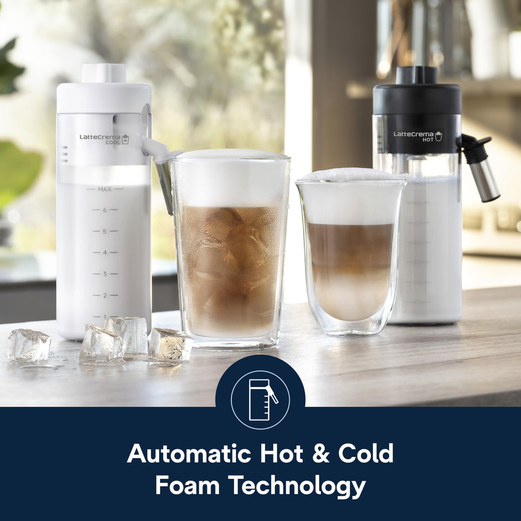 Ekspres do kawy De'Longhi Eletta Explore z funkcją Cold Brew, automatycznym spieniaczem do mleka na gorąco i na zimno, umożliwiającym przygotowanie ponad 50 przepisów za jednym dotknięciem, wbudowanym młynkiem, ECAM45086S