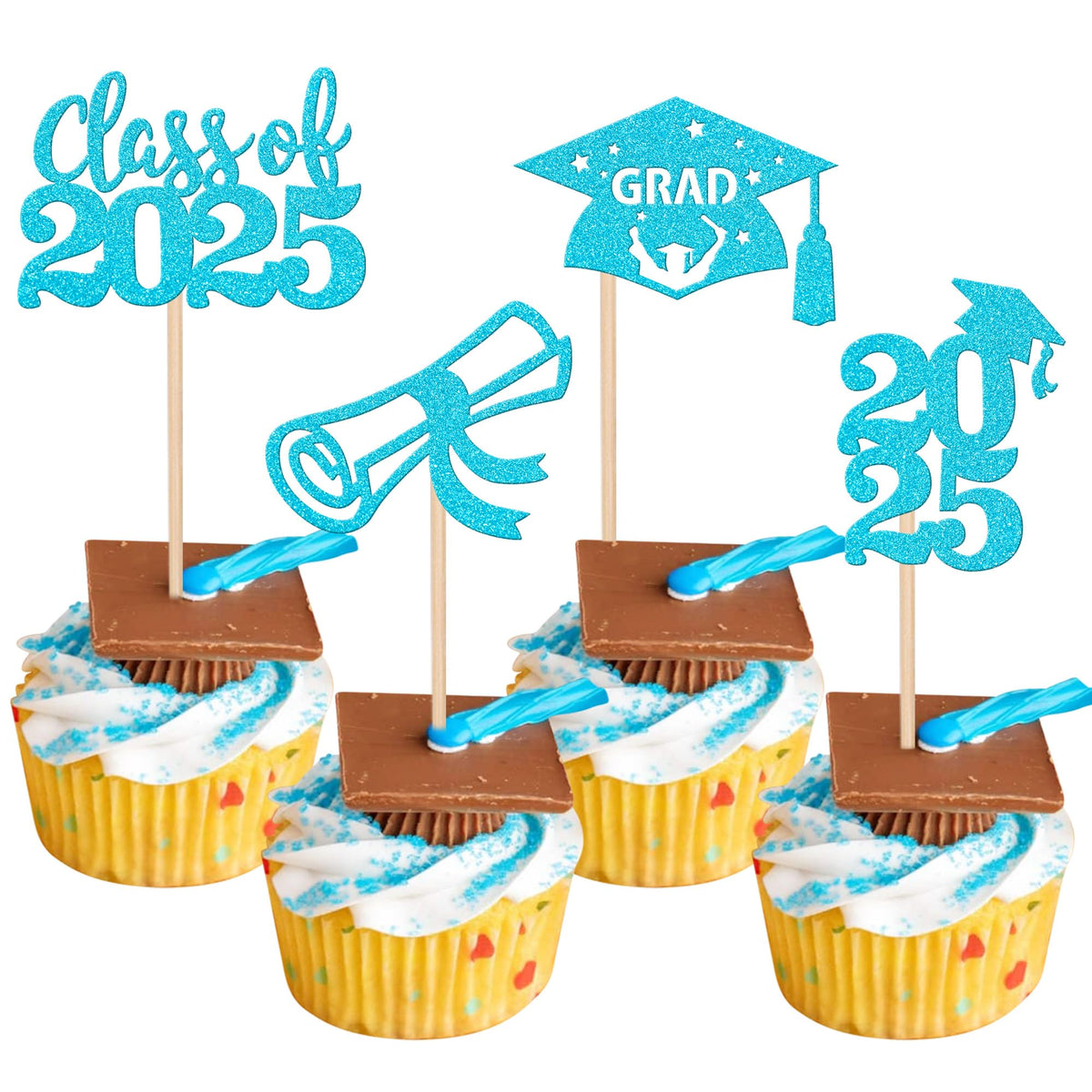 24 PCS 2025 Graduation Cupcake Toppers Glitter Diploma Congrats Grad Cap Cupcake Picks Class of 2025 Cake Decorations for 2025 Graduation Theme Party Supplies Pink