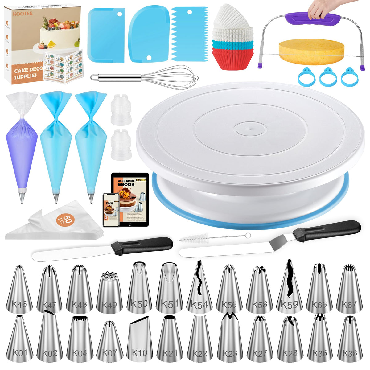 Kootek 230PCs Cake Decorating Kits, Baking Supplies Tools with Cake Stand Turntable, Piping Bags and Tips, Cake Leveler, Frosting Icing Spatulas & More Accessories for Cake Cupcake Decorations