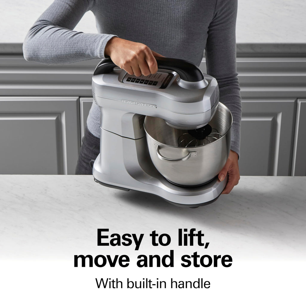 Hamilton Beach Electric Stand Mixer, 4 Quarts, Dough Hook, Flat Beater Attachments, Splash Guard 7 Speeds with Whisk, Silver
