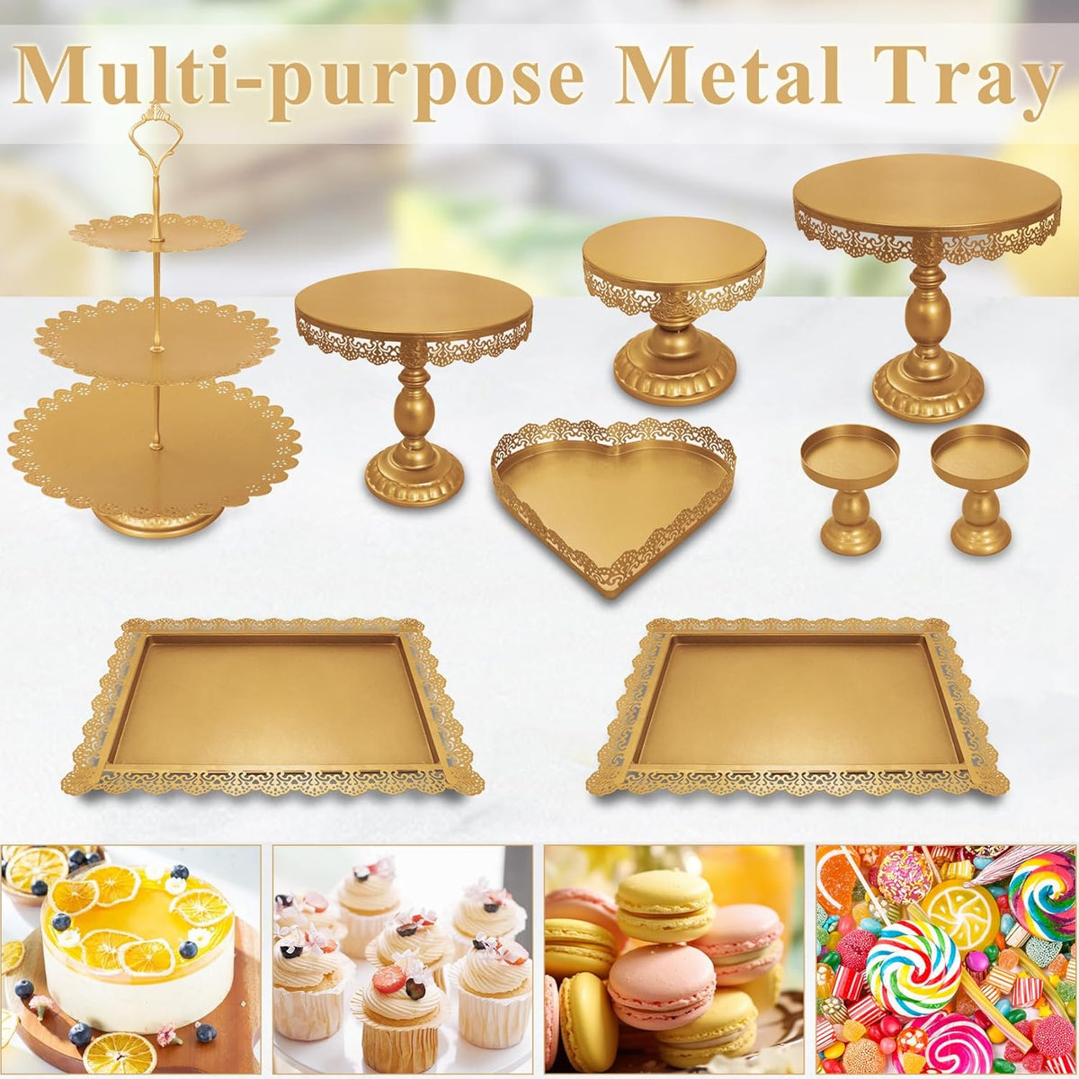 Set of 9 Cake Stands Metal Cupcake Stand Set Multiple Styles Candy Fruit Display Tower Dessert Plate Cake Serving Tray for Birthday Party Wedding Anniversary Baby Shower Engagement (Gold)