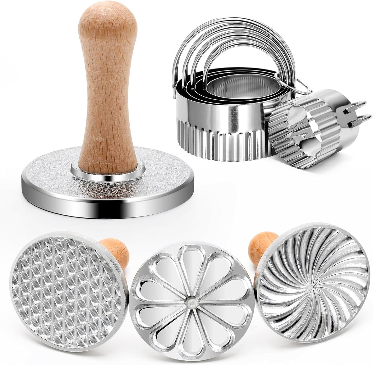 3+5 Cookie Stamps Biscuit Cutter Set, Luxiv 3 Molds Metal Cookie Press Mold Wooden Handle Embossing Stamper, 5 Size Cookie Cutter Tool, Hand-press Biscuit Stamper for DIY Baking Tool