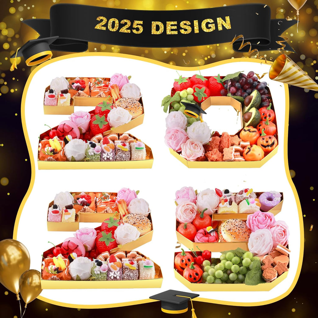 4Pcs 13.7" Graduation Decorations, 2025 Charcuterie Numbers Fillable for Graduation, Food Trays for Chocolate Cookies Goodie Cupcake Candy Tray Grad Party Board Box