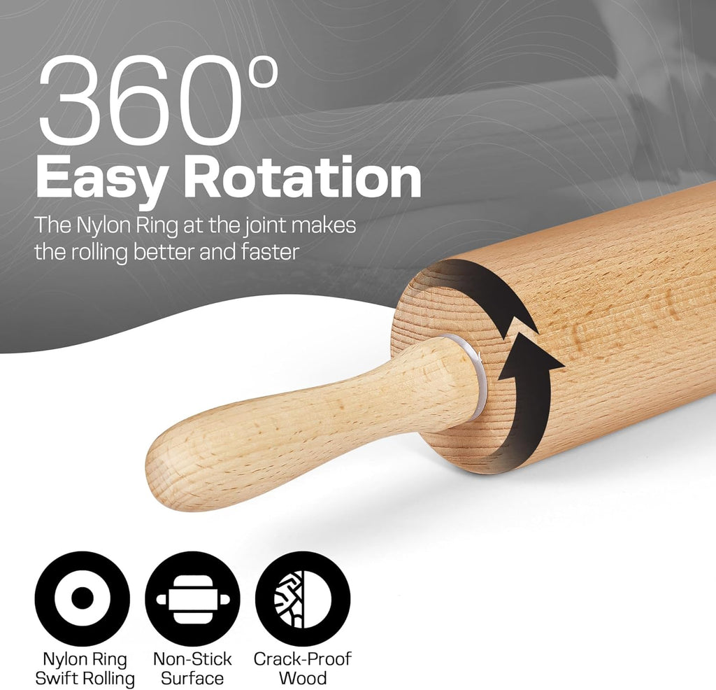 All-Purpose 17.6 Inch Beech Wood Non-Stick Rolling Pin - For Baking, Pizza, Pasta, Pie, Cookies, Pastry.