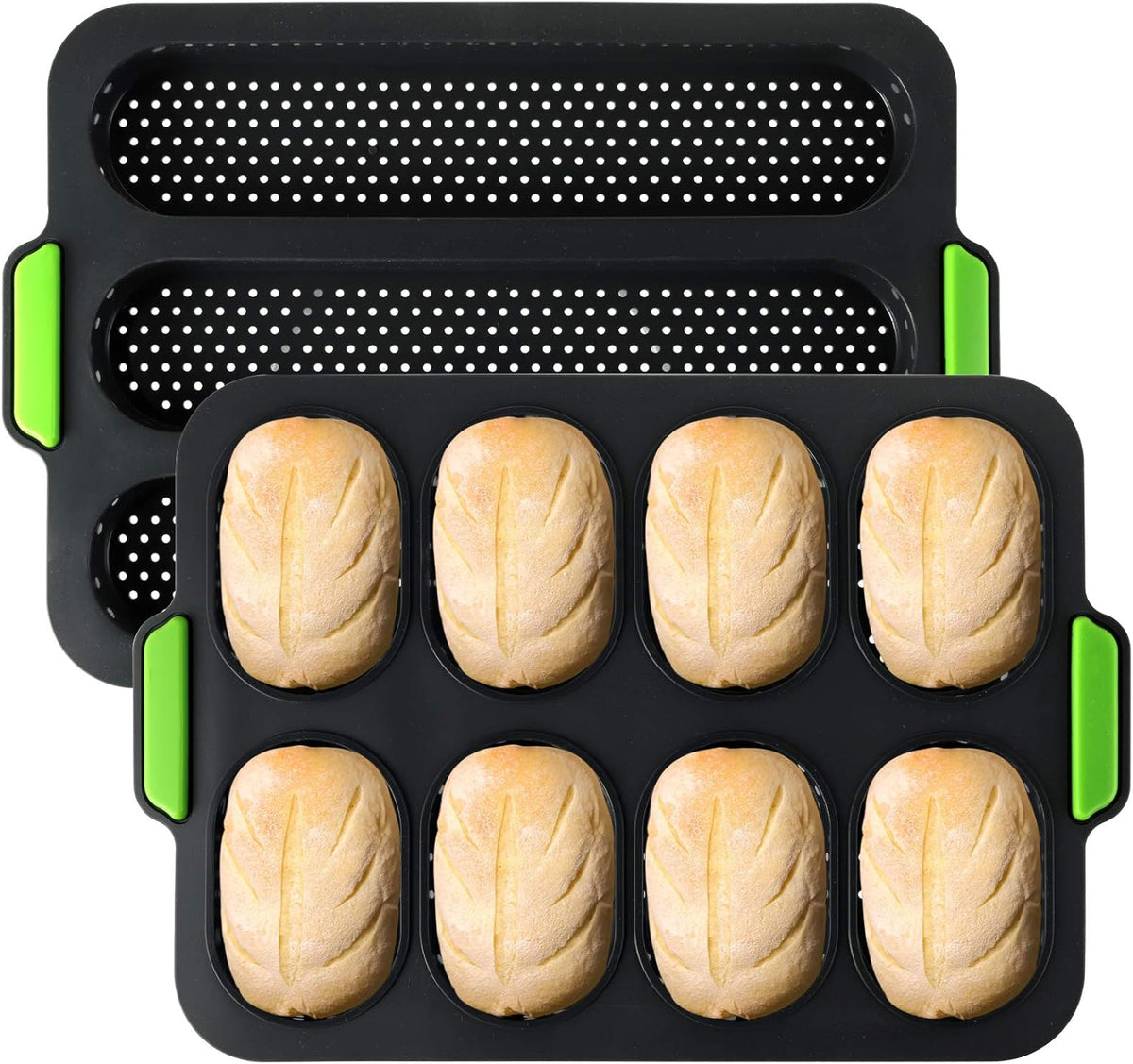 TOPZEA Set of 2 Silicone Baguette Pan, Nonstick French Bread Bake Mold, 8 Gutter Perforated Ham Burger Buns Sandwich Rolls Pans, 3 Wave Long Loaf Toast Mold Baking Tray for Oven Baker